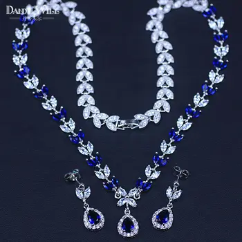 Nunta De Lux Bijuterii Set Mare Picătură De Apă Cubic Zirconia & Cristal Albastru Regal Cercei Set Colier Pentru Femei