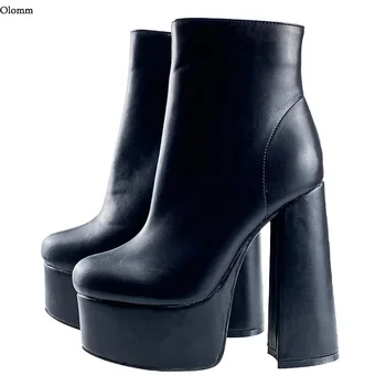 Olomm Nou Handmade Femei Platformă De Iarnă Tocuri Indesata Glezna Cizme Rotund Toe Fabulos Negru Pantofi De Partid Plus Dimensiune 35 43 45 47