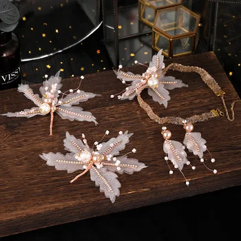 Ornament cap Cu Cercei Set Mireasa-coreean Perla Tors Flori Rochie de Mireasa Accesorii Țesute de Cristal Hairpin d88