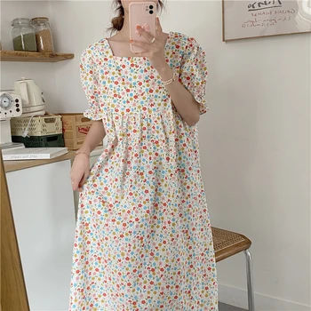 Piața Guler De Cămașă De Noapte De Vară Femeile Pierd Mult Timp Midi Pijamale Elegante, Casual, Din Bumbac Cu Print Floral Coreean Maneci Scurte Homewear