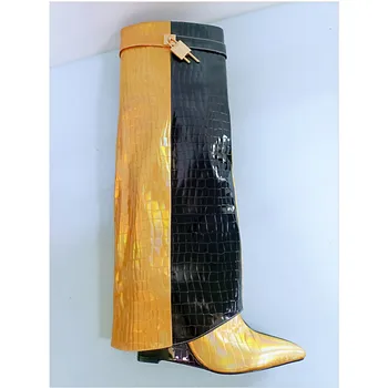 Piele de crocodil Subliniat Pană Călcâi Pantaloni Cizme Pentru Femei Negru Pliere Cizme Înalte Lacăt/Despicare/Fermoar Lateral/Metal Boots43
