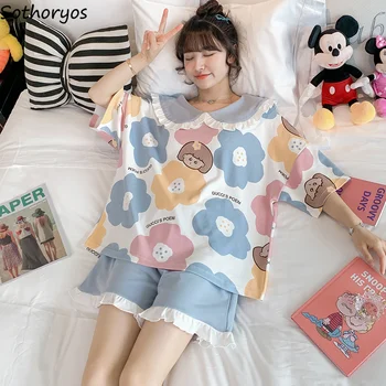 Pijama Seturi Pentru Femei Uri De Vara Cu Maneci Scurte De Somn Topuri Pantaloni Scurți Liber Casual Pijamale Drăguț Stil Japonez Lounge Purta Volane Top