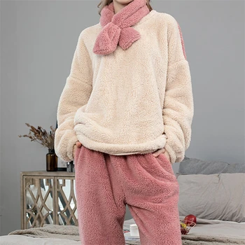 Pijama Seturi pentru Femei Nou Maneca Lunga Iarna Femeie Pufos Costum de Pijama Cu Pantaloni Groase de Lână Cald Acasă Haine Pentru Femei