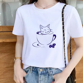 Pisici dupa-amiaza timp liber Moda de Imprimare Tricou Haine de T Tee pentru Femei ceașcă de Ceai și pisica Tricou pentru Femei Top Graphic T-shirt