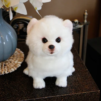 Plus Pomeranian Câine Papusa Simulare Animal De Pluș Jucării Super Realist Câine Jucărie Pentru Iubitorii De Animale De Companie De Lux Decor Acasă Albă Ca Zăpada