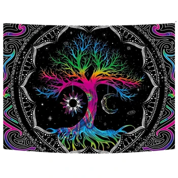 Pomul Vieții Trippy Mandala Hippie Luna Și Soarele Negru Galaxy Stele Tapiserie Colorate Mystic Boho Agățat De Perete Decor