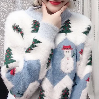 Pomul de crăciun om de Zăpadă Pulover Femei Tricotate Pulover Doamnelor Maneca Lunga O-gât Moale de Mohair Liber Jumper Topuri Femei de Îmbrăcăminte