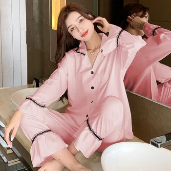 Primavara-Vara Matase de Gheață Femei Pijamale coreean Sleepwear Sexy Dulce Moda Cardigan cu Maneci Lungi Uzura Acasă Set Pijamale