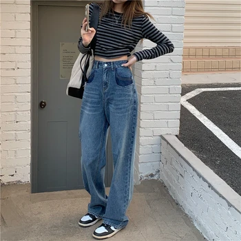 Primăvara Femei Vintage Blue Jeans Streetwear Moda Coreeană Drept Denim Pantaloni Cu Talie Înaltă Largi Casual Mama Largi Picior Jean Pantaloni