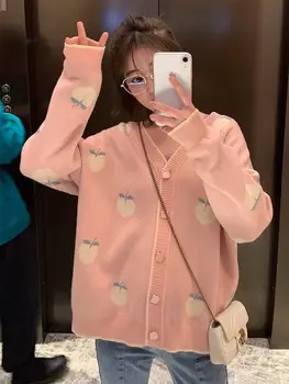 Pulover Cardigan Drăguț Roz Pulovere Femei Piersic Cardigan Tricot Topuri Supradimensionate 2022 Coreean Toamna Cu Maneci Lungi Trage De Femme