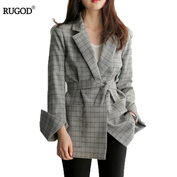 RUGOD 2021 Nouă Primăvară Gri Carouri cu Centură Birou Doamnă Blazer Jacheta de Moda Crestate Guler Munca Costum Elegant de Lucru Sacouri Feminino