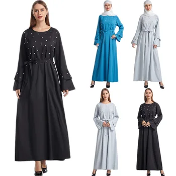 Ramadan Musulman arab Islamic Abaya Femei Flare Maneca Lunga Rochie Margele Caftan Etnice Turcia, Orientul Mijlociu, O-neck Maxi Halat Rochia