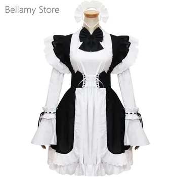 Realizate manual Classic Lolita din dantela arc Zburli negru și alb Maid Dress