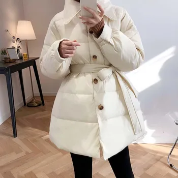 Rever centura talie în jos jacheta de moda pentru femei nou stil de 90% alb rață jos cald mid-lungime de iarnă sacou de culoare solidă