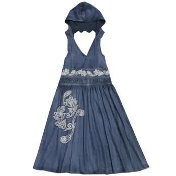 Rochie denim Femei 2022 primăvara vintage cu Gluga Broderii Vintage V-Neck Loose a-line rochie Lunga