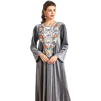 Rochie musulman Femeile Musulmane Moda Rochii Lungi Gri Flori de Catifea Brodat cu mâneci Lungi Abaya Turcia Saudită Abaya Dubai