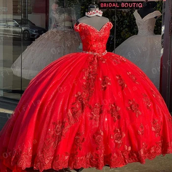 Roșu vestido de 15 anos Rochii Quinceanera cu 3D Aplicatiile de Margele 2 Piese Sweet 16 Rochie Dragă Pageant Rochii de Matura-Tren