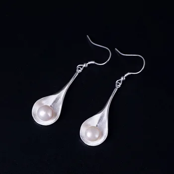 S925 argint lucrate Manual calla lily cercei de sex feminin antic simplu încrustat de apă dulce pearl ureche cârlige