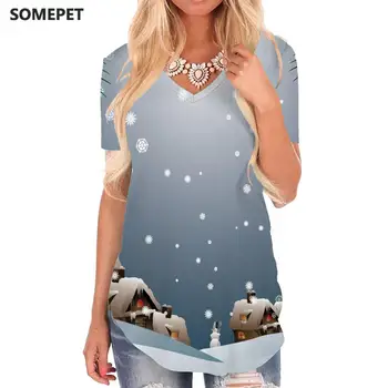 SOMEPET Crăciun T-shirt femei Fulg de nea tricouri 3d, Pictura Amuzant tricouri Case V-neck Tricou Femei Îmbrăcăminte de Moda Liber