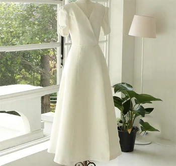 Satin Simplu O-Linie V Gâtului Felinar Vintage Maneca Lungime de Glezna Rochie de Mireasa Rochie de Mireasa Mireasa robe de mariée