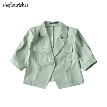 Scurt mânecă sacou femei coreene sacou de vară elegant singur buton strat vrac solid trunchiate jacheta alb blazer negru verde