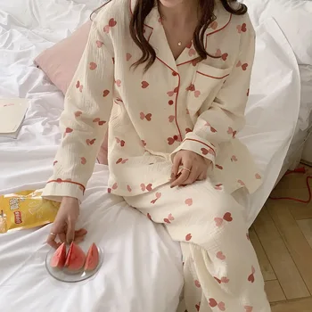 Set de pijama Dragoste de Imprimare de Agrement cu mâneci Lungi Dulce de uz Casnic de Primăvară Acasă Costum coreeană Singur Pieptul Tricouri + Pantaloni Lungi Set