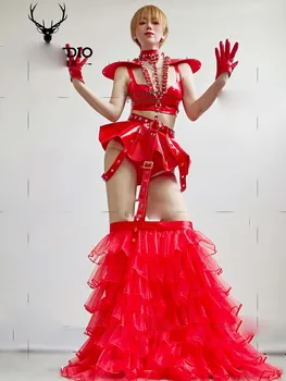 Sexy Retro din Piele Roșie Body Bar de performanță de afaceri de Ziua Națională gogo rochie de petrecere, dans costume de echipa