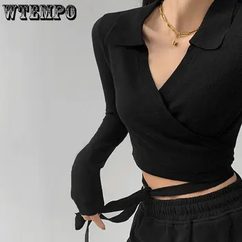 Slim Gol Crop Top Pentru Femei Bază Solidă Maneca Lunga Tricou Casual Moda Alb T Shirt Doamnelor Moda Coreeană Gol Tee