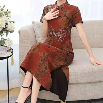 Stand Guler Feminin Tradițională Chineză Rochie Scurta Cu Maneci Lungi Qipao Imprimate Flori Cheongsam Mătase Vara Side Split Vestidos