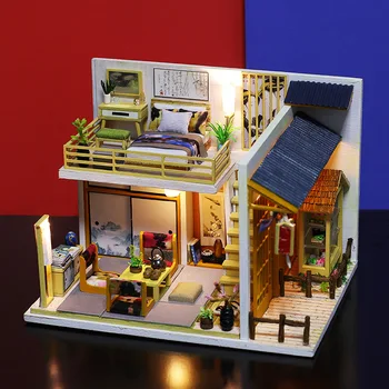 Stil japonez DIY casa Hokkaido din lemn asamblate villa scena cutie model de clădire cu husa cadou