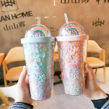 Straturi duble Curcubeu Sticla de Apa de Plastic Cu Paie coreean stil Creativ Dulce Cana Pentru Cafea cu Lapte Ceașcă de Ceai