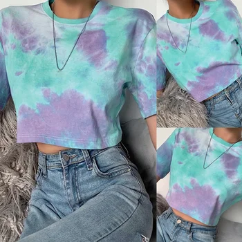 Temperament Tie-Dye Expuse Buric T-Shirt Femei Hit De Vară De Culoare Rece Sălbatice Cu Mânecă Scurtă De Sex Feminin