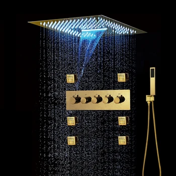 Termostat Duș cu efect de Ploaie Sistem de Trandafir /Periat/Auriu Lucios Plafon Încorporat LED-uri de Muzică Vorbitor Cap de Duș pentru Baie Divertor
