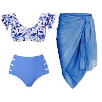 Tipărite Ciuperca Marginea de Moda Split de costume de Baie și Acoperă-Up de Vacanță pe Plajă Rochie Albastru Designer de Costum de Baie Vara Uzura Surf