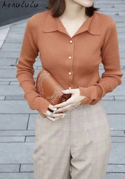 Toamna 2021 nou Japonez culoare solidă subțire rever slim-fit cu filet perla catarama tricotate cardigan pulover femei