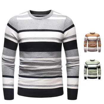 Toamna Iarna Nou-Moda pentru Bărbați Rotund Gat pulover Pulover Casual cu Dungi Slim-Fit Pulover Cald Bottom Tricou Top