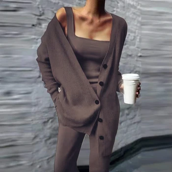 Toamna Iarna Solidă Pulover Tricotate 3PC Haine Femei de Pe Umăr Cardigan Top și Pantaloni Lungi Costum Sexy Butonul Office Lady Set