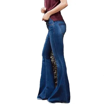 Toamna Iarna pentru Femei Blugi Casual Slim Denim Elastic Ciucuri Blugi Supradimensionate Mult Flare Pantaloni Albastru Pantaloni pentru Femei