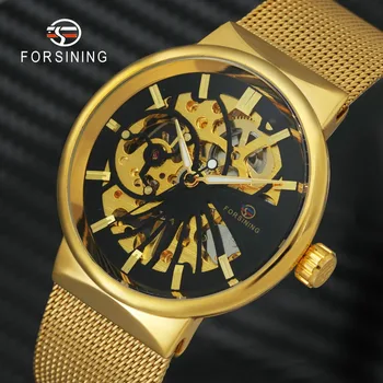 Top Brand de Lux Forsining Bărbați Ceas Mecanic Skeleton Cadran Auriu Regal de Moda Subțire Mesh Unisex Ceas de ceas automată