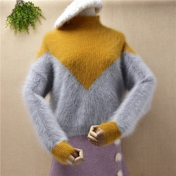 Top mujer de moda pentru femei de culoare medie guler mâneci lungi pulover vrac iepure angora blană tricotate jumper pulover pull topuri