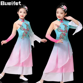 Tradițională chineză Antică Umbrela Dans Costum Copii Clasică Națională Yangko Fete de Îmbrăcăminte de Dans Modern Purta pentru Etapa