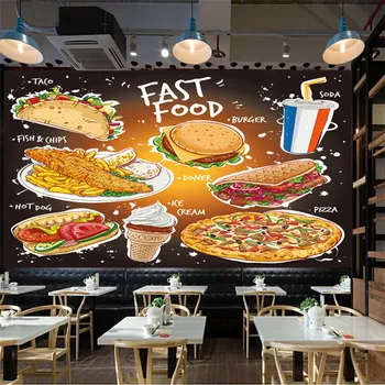 Trase de mână Popular Fast-Food Tapet 3D Taco cu Pește și Chips-uri Burger Doner Kebab, Pizza, inghetata si Un Suc Bea Hârtie de Perete 3D
