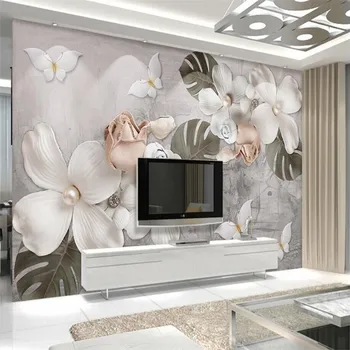 Trei-dimensional relief alb pe patru petall perla flori Scandinave fundal retro de perete personalizat tapet mural decor