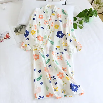 Vara 100% Bumbac Subțire Kimono Japonez Haine pentru Femei Florale Imprimare Halat de baie Vrac Casual Moale Absorbi Sudoare Somn Topuri 2021