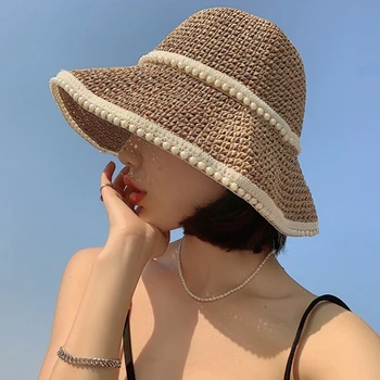 Vara Femeile Paie Pălărie de Soare Activități în aer liber cu Margele Perla Decor Soare Capac Protectie UV pentru Plaja Litoral
