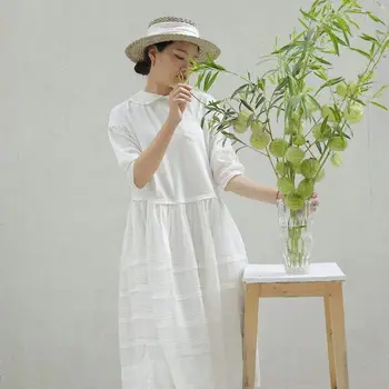 Vara Femeile Toate-meci slab Plus Dimensiune Japonia Stil Falduri Confortabil Apă s-a Spălat de Înaltă Densitate Bumbac Pulover Rochie W/h Buzunare
