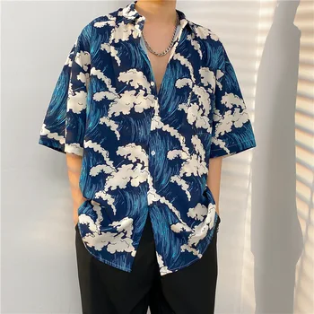 Vara Tricouri Barbati Moda Cardigan Topuri Imprimate Japonez Vintage Maneca Scurta Beach Bluza Oversized de sex Masculin Y2K Haine Streetwear