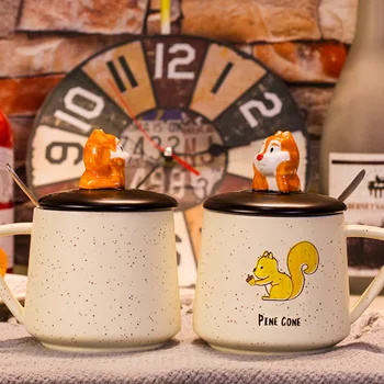 Veveriță drăguț Cani Galben de Mână de Desene animate Pictate Cana Ceramica cu Capac si Lingura de Lucru cu Paie micul Dejun Lapte Ceașcă de Cafea