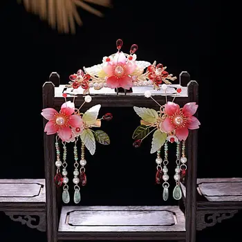Vintage Flori Acrilice Ciucure Lung Frizură 3-piece Set de Chinezi Hanfu Coroana de Păr
