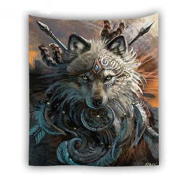 Wolf Warrior de SunimaArt Tapiserie de pe Perete Tribale, Animal Foi de Lup Tapiserie Decor Acasă Saltea Plaja Dreamcatcher lenjerie de pat